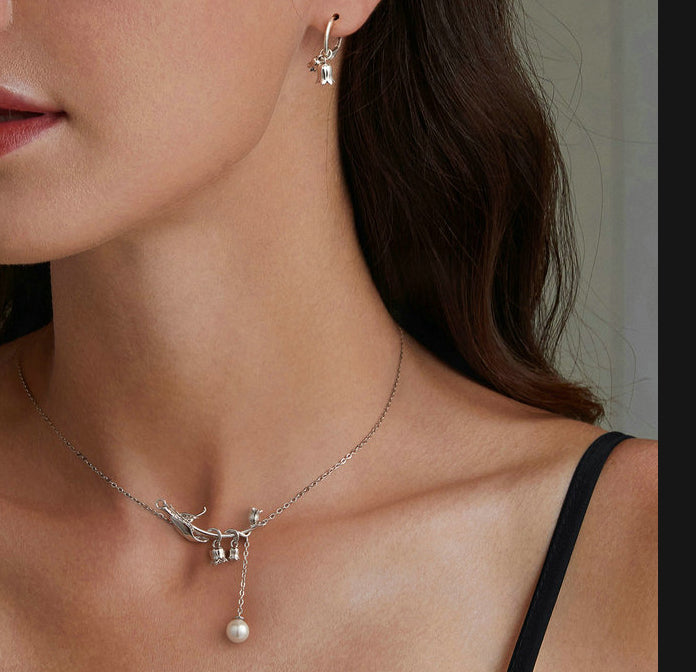 S925 Sterling Silver Campanula Necklace & Earrings Set - Luvoro Genéve 